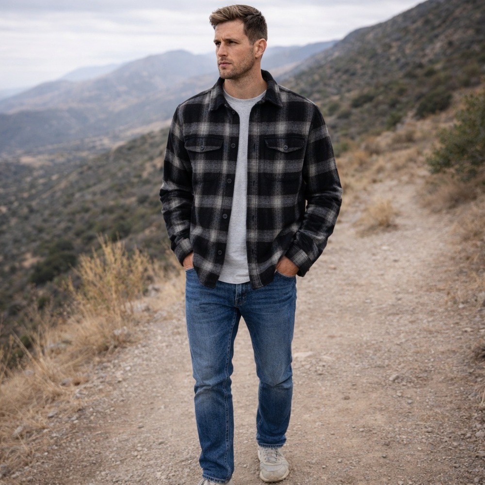 Orvis Mens Heavyweight Flannel Shacket Brown Black Plaid Long Sleeve Button Down
